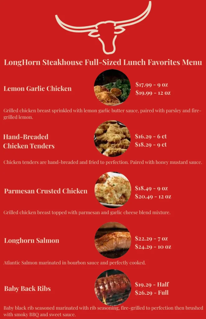 LongHorn Steakhouse Full-Sized Lunch Favorites Menu